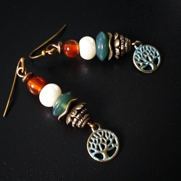 Agate Carnelian Faux Pearls + Patina'd Tree of Life Earrings - Upscale & Trendy - Picture 6 of 8